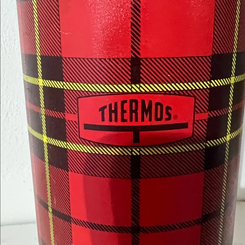VINTAGE 1970s Thermos Red Plaid Bottle with Beige Lid - Picture 2 of 3